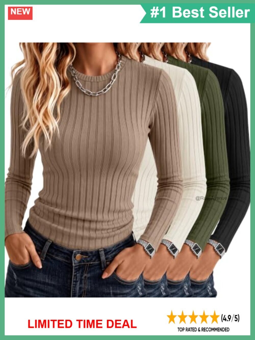 Women's Ribbed Long Sleeve Tops Slim Fit Crew Neck 4 Pack Cotton Blend
